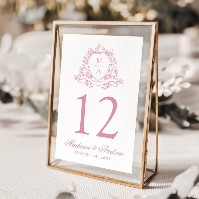 Tarjeta De Mesa Elegante Rosa Escudo floral rosa Monograma Boda (Subido por el creador)