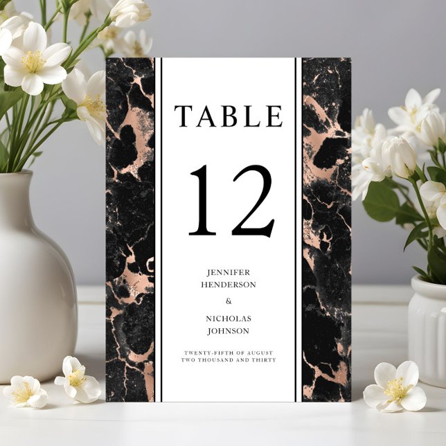 Tarjeta De Mesa Elegante Rosa negro Boda de mármol de oro (Elegant Black Rose Gold Marble Wedding Table Number)
