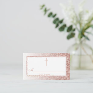 Tarjeta De Mesa Elegante Rosa Purpurina De Oro Confirmación O Baut
