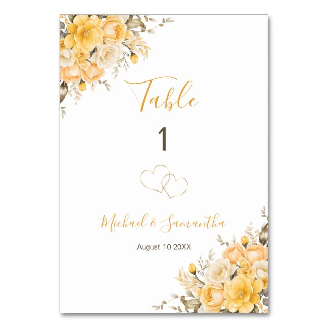 Tarjeta De Mesa Elegante Rótulo Boda amarillo e marfil Rosa (Anverso)