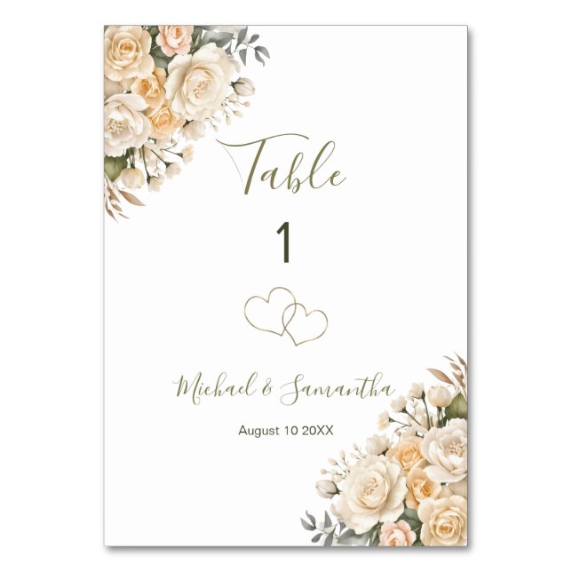 Tarjeta De Mesa Elegante Rótulo Boda de Pearl White y Rosa de Marf (Anverso)