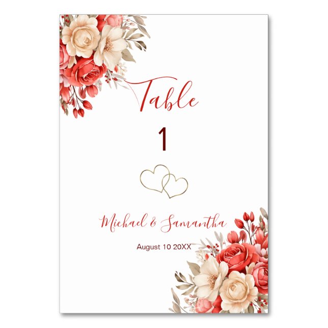 Tarjeta De Mesa Elegante Rótulo Boda rojo e Rosa de marfil (Anverso)