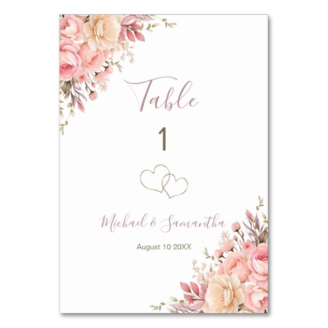 Tarjeta De Mesa Elegante Rótulo Boda rosa e Rosa de marfil (Anverso)