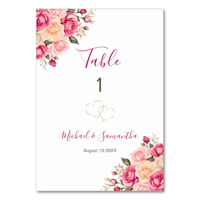 Tarjeta De Mesa Elegante Rótulo Boda rosa y Rosa de marfil de Fuci (Anverso)