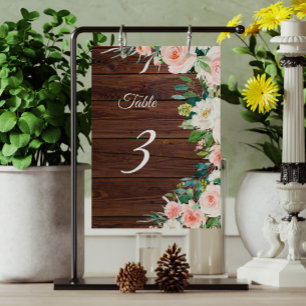Tarjeta De Mesa Elegante Rubor Flores rosas Madera Rústica