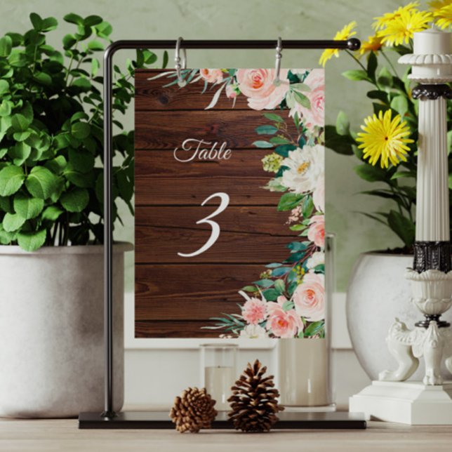 Tarjeta De Mesa Elegante Rubor Flores rosas Madera Rústica (Subido por el creador)
