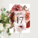 Tarjeta De Mesa Elegante Rubor y Boda de Borgoña u otro evento<br><div class="desc">Elegante tarjeta de mesa floral con exquisito ramo de acuarela pintado a mano. Uso de la caligrafía moderna elegante y elegante. Flores y follaje en una combinación de tonos rosas,  oro rosa,  melocotón,  burdeos,  Marsala y verde sabio. Parte de nuestra colección de bodas y eventos "Heaven in Rosa".</div>