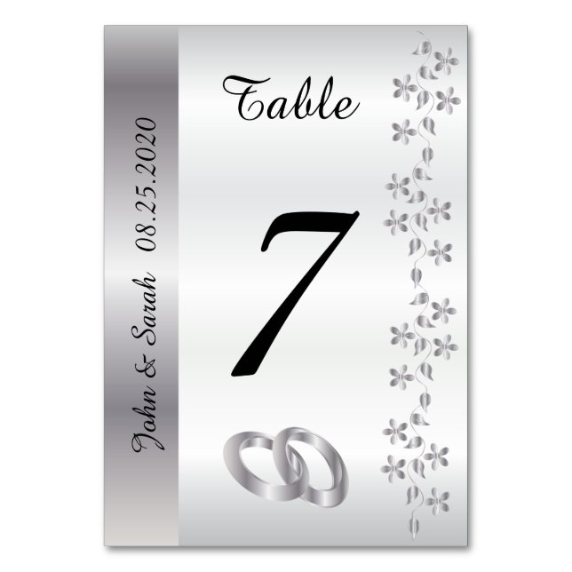 Tarjeta De Mesa Elegante satén blanco y plateado (Anverso)