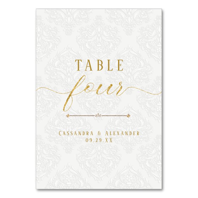 Tarjeta De Mesa Elegante Script White Lace Gold 4 Cuatro Bodas (Anverso)