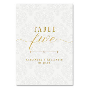 Tarjeta De Mesa Elegante Script White Lace Gold 5 Cinco Bodas