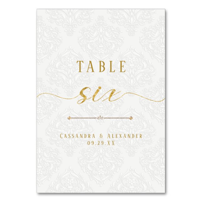 Tarjeta De Mesa Elegante Script White Lace Gold 6 Seis Boda (Anverso)
