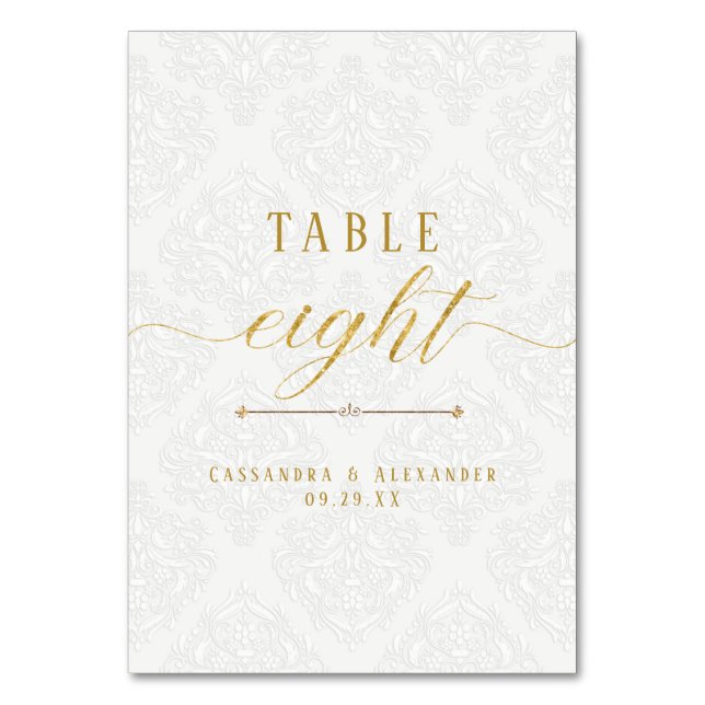 Tarjeta De Mesa Elegante Script White Lace Gold 8 Ocho Bodas (Anverso)