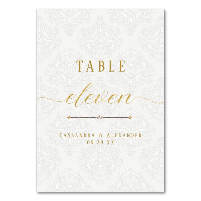 Tarjeta De Mesa Elegante Script White Lace Gold Boda Eleven 11 (Anverso)