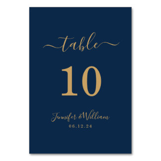 Tarjeta De Mesa Elegante Sencillo Glam Script Boda Marina de Oro