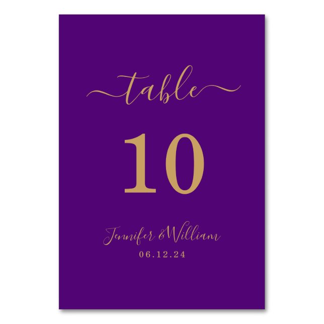 Tarjeta De Mesa Elegante simple Glam Script Boda Gold Purple (Anverso)
