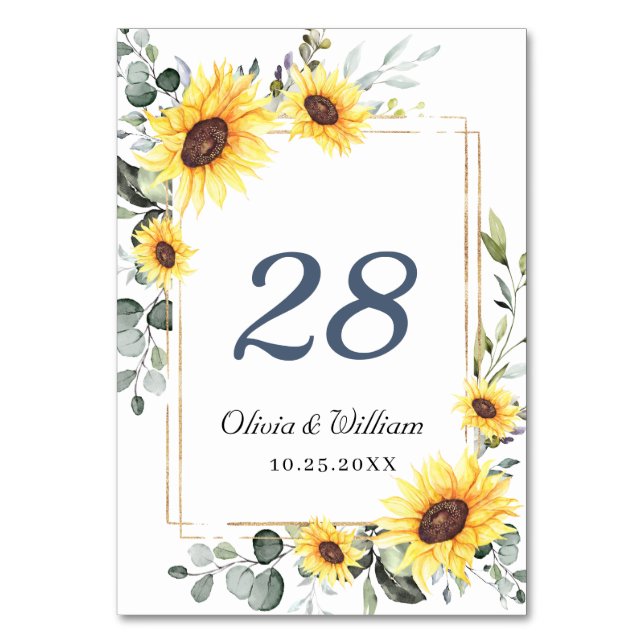 Tarjeta De Mesa Elegante Sunflowers Eucalyptus Watercolor Boda T (Anverso)