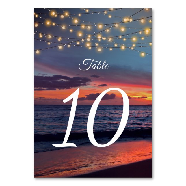 Tarjeta De Mesa Elegante Sunset Beach String Boda de verano ligero (Anverso)