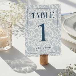 Tarjeta De Mesa Elegante Toile Floral Script Bodas Azules