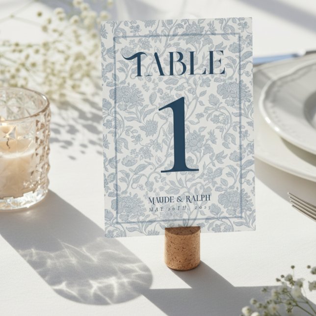 Tarjeta De Mesa Elegante Toile Floral Script Bodas Azules  (Guide guests to their seats using these Elegant Floral Toile Script Blue Wedding Table Number! )