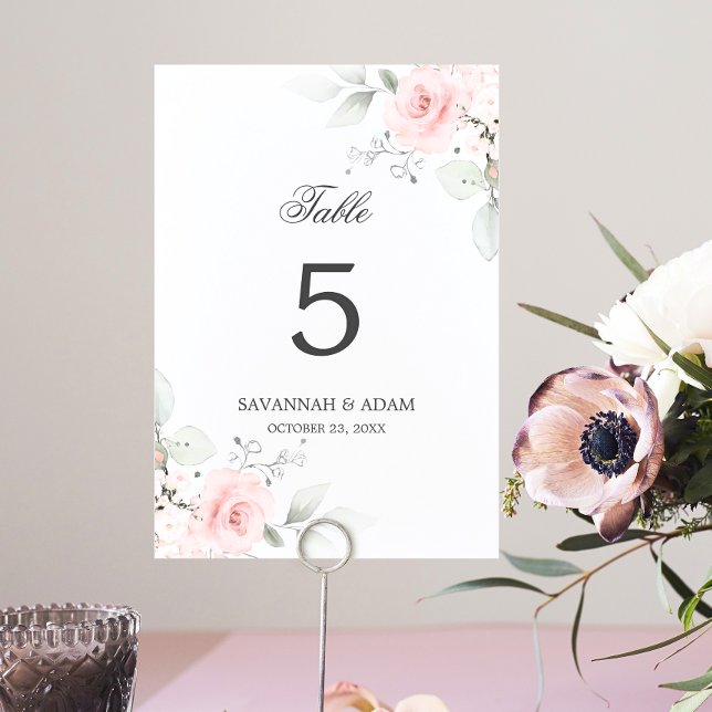Tarjeta De Mesa Elegante vegetación botánica rosa rosa (Elegant Botanical Pink Rose Greenery Table Number)