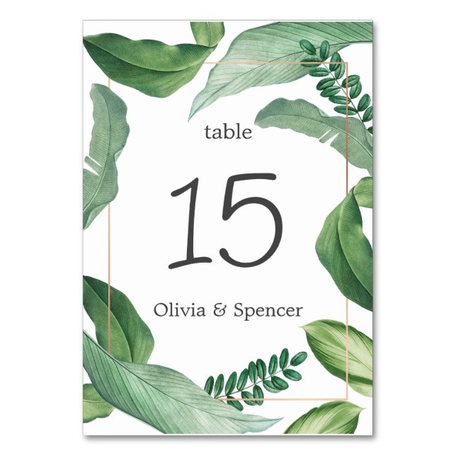 Tarjeta De Mesa Elegante vegetación tropical verde. Boda natural (Anverso)