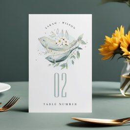 Tarjeta De Mesa Elegante Verde azulado Boda de pescado floral suba