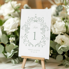 Tarjeta De Mesa Elegante Verde Salvia Cresta Barroca Vintage Boda