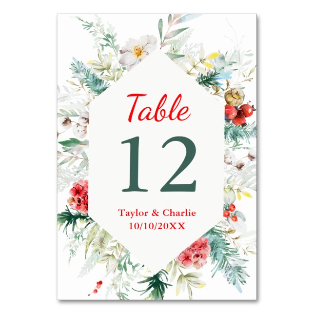 Tarjeta De Mesa Elegante Verdor Floral Boda de Invierno (Anverso)