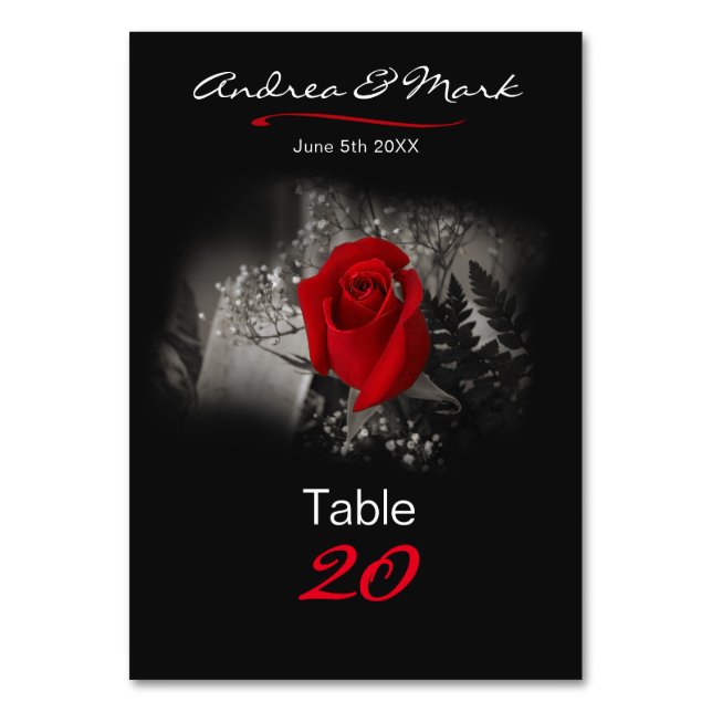 Tarjeta De Mesa Elegante Viñeta Rosa Rojo Negro Mesa Clásica Numb (Anverso)