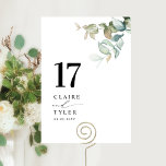 Tarjeta De Mesa Elegante y minimalista Boda de la vegetación<br><div class="desc">Guíe a sus invitados a su mesa con esta elegante tarjeta de numero de la mesa de bodas. Diseño elegante y sencillo con nombres a un lado y el "y" en caligrafía escrita a mano moderna. Delicadas ramas de eucalipto de acuarela como un detalle de esquina. Por favor, haga un...</div>