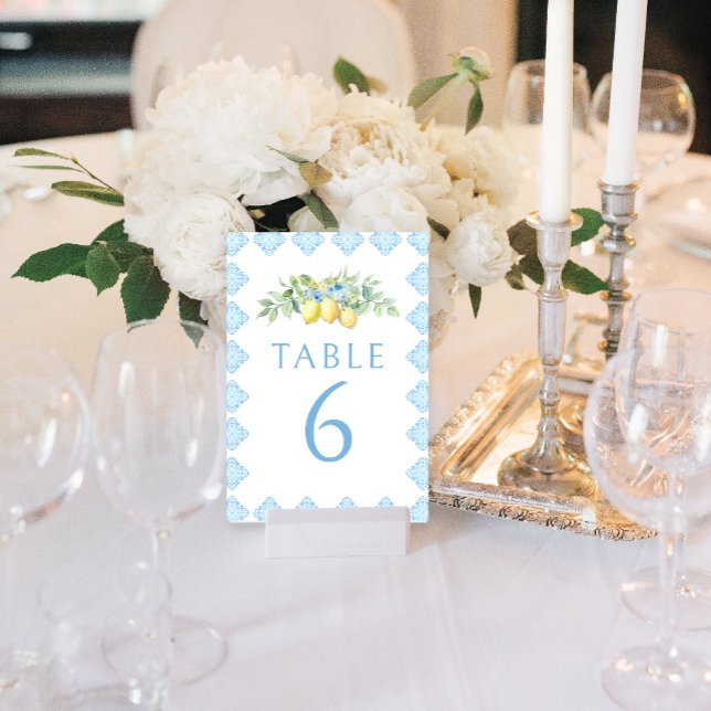 Tarjeta De Mesa Elegantes azulejos azules Bodas de limón números d (Subido por el creador)