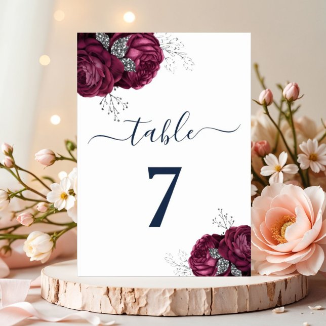 Tarjeta De Mesa Elegantes Borgoñas Florales (Elegant Burgundy Red Navy Blue Floral Peonies Table Number)