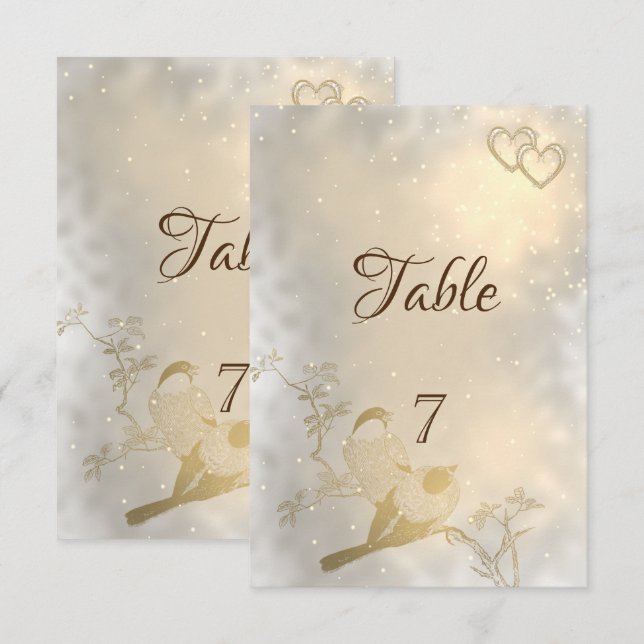 Tarjeta de mesa Elegantes Corazones de Oro, Pájaro (Anverso / Reverso)