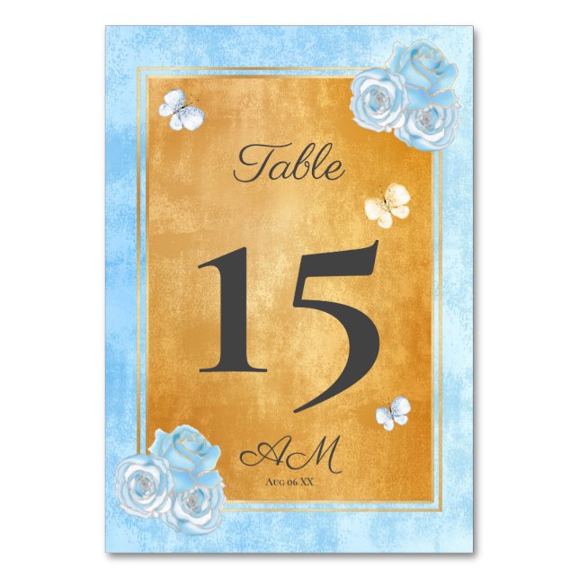 Tarjeta De Mesa Elegantes mariposas Rosas de oro azul Quinceañera (Anverso)