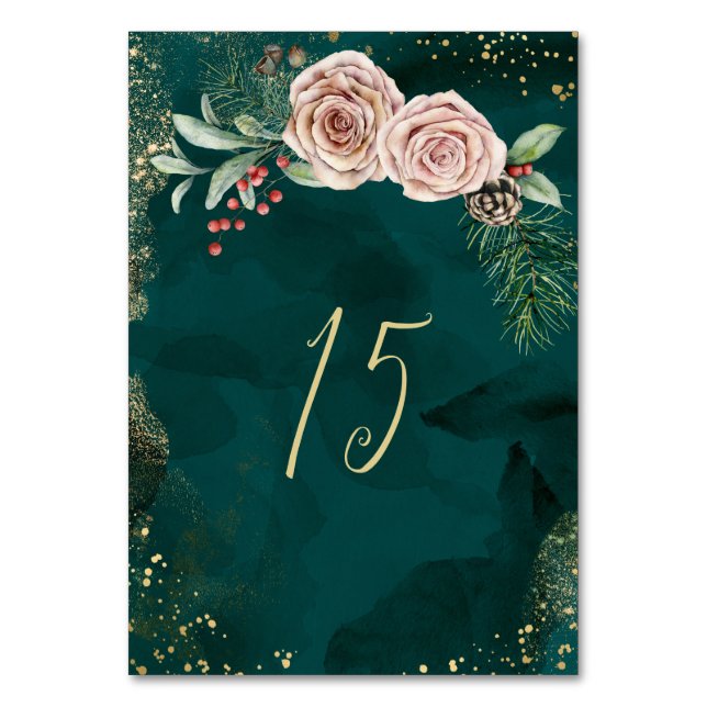 Tarjeta De Mesa Elegantes Navidades de invierno rosas rosadas verd (Anverso)