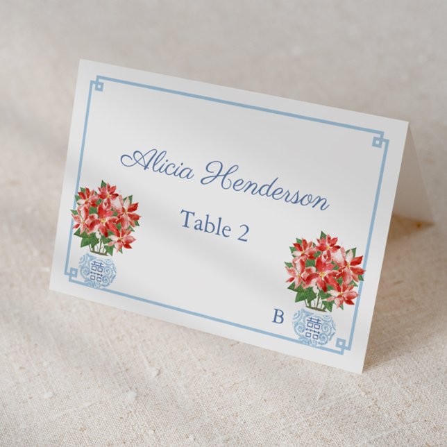 Tarjeta De Mesa Elegantes Navidades Vacaciones Buffet Lunch Place  (Red poinsettia ginger jar christmas holidays individual place card design)