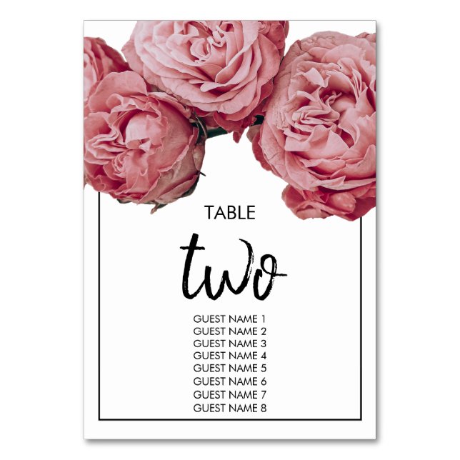 Tarjeta De Mesa Elegantes nombres de invitados Bodas de rosas rosa (Anverso)