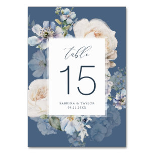 Tarjeta De Mesa Elegantes Rosas de Crema Azul Polvoriento Boda rom