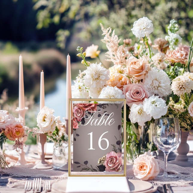Tarjeta De Mesa Elegantes Rosas de flores blancas rosadas Boda gri (Subido por el creador)