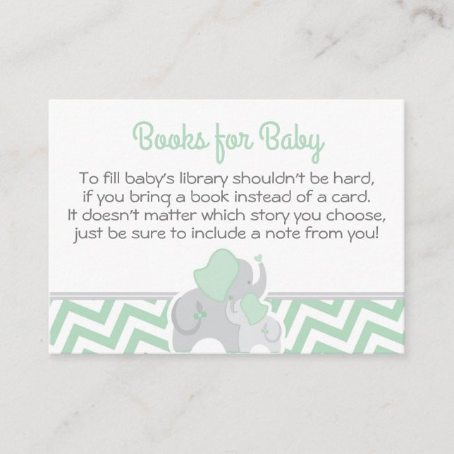 Tarjeta De Mesa Elephant Baby Shower Book Card Mint Green Chevron (Anverso)