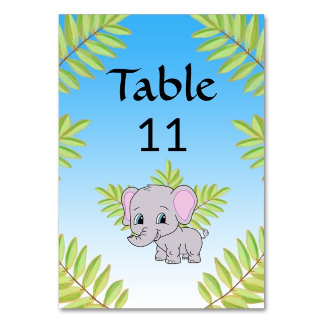 Tarjeta De Mesa Elephant Cute Boy Blue Ombre Tema Baby Shower (Anverso)