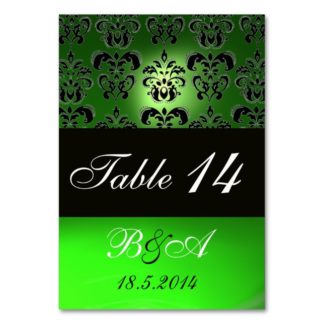 TARJETA DE MESA EMERALD GREEN BLANCO NEGRO CLASE DAMASK MONOGRAM (Anverso)