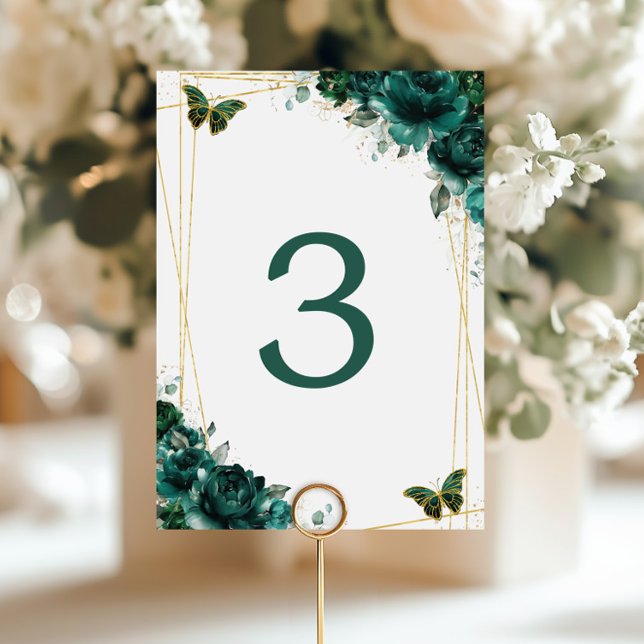 Tarjeta De Mesa Emerald Green Floral Gold Butterflies Wedding  (Subido por el creador)