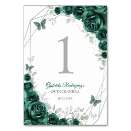 Tarjeta De Mesa Emerald Green Silver Floral Quinceanera