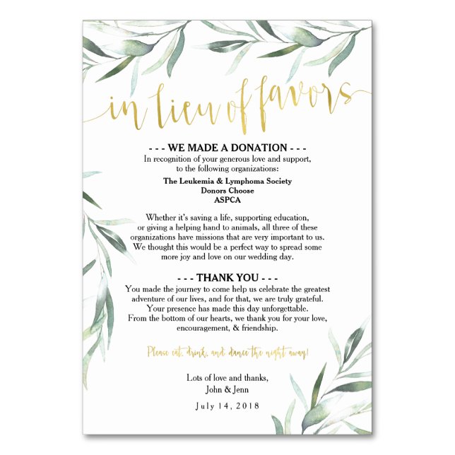 Tarjeta De Mesa En lugar de los favores de Jenn (Anverso)