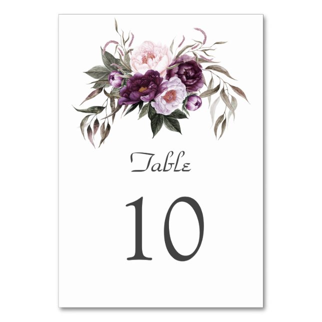 Tarjeta De Mesa Encantador Boda de flores de peones rosados morado (Anverso)