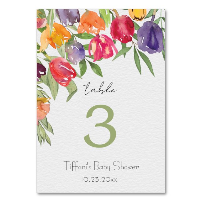 Tarjeta De Mesa Encantador jardín Tulipanes y verde Baby Shower (Anverso)