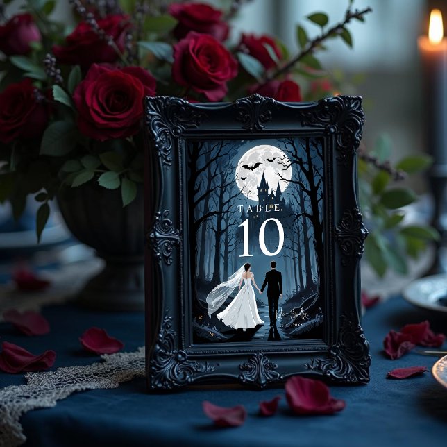 Tarjeta De Mesa Enchanted Gothic Spooky Wedding Couple Forest (Enchanted Gothic Spooky Wedding Couple Forest and Haunted Castle Table Numbers. )