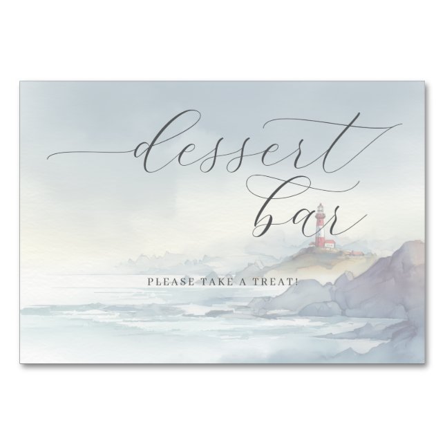 Tarjeta De Mesa Escena de Faro Acuarela Azul Tranquilo (Anverso)