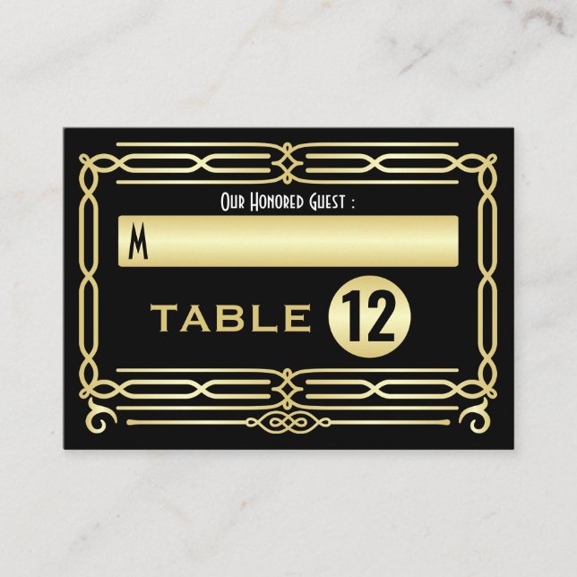 Tarjeta De Mesa Escort Art Deco Boda Gold Black Elegant (Anverso)